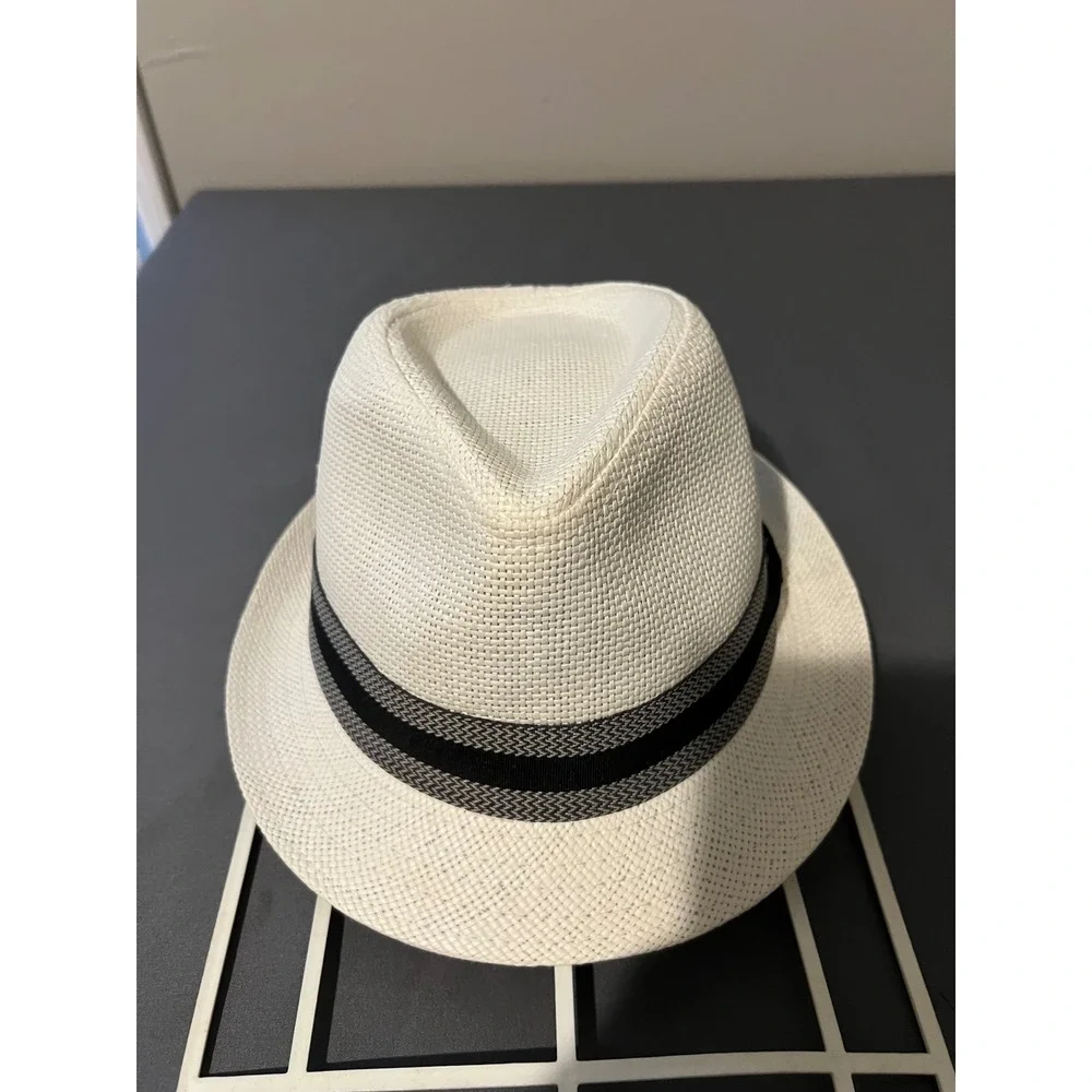 JCPenney‎ Mens Ivory White Straw Fedora Hat Black Ribbon Band S/M 12078-2